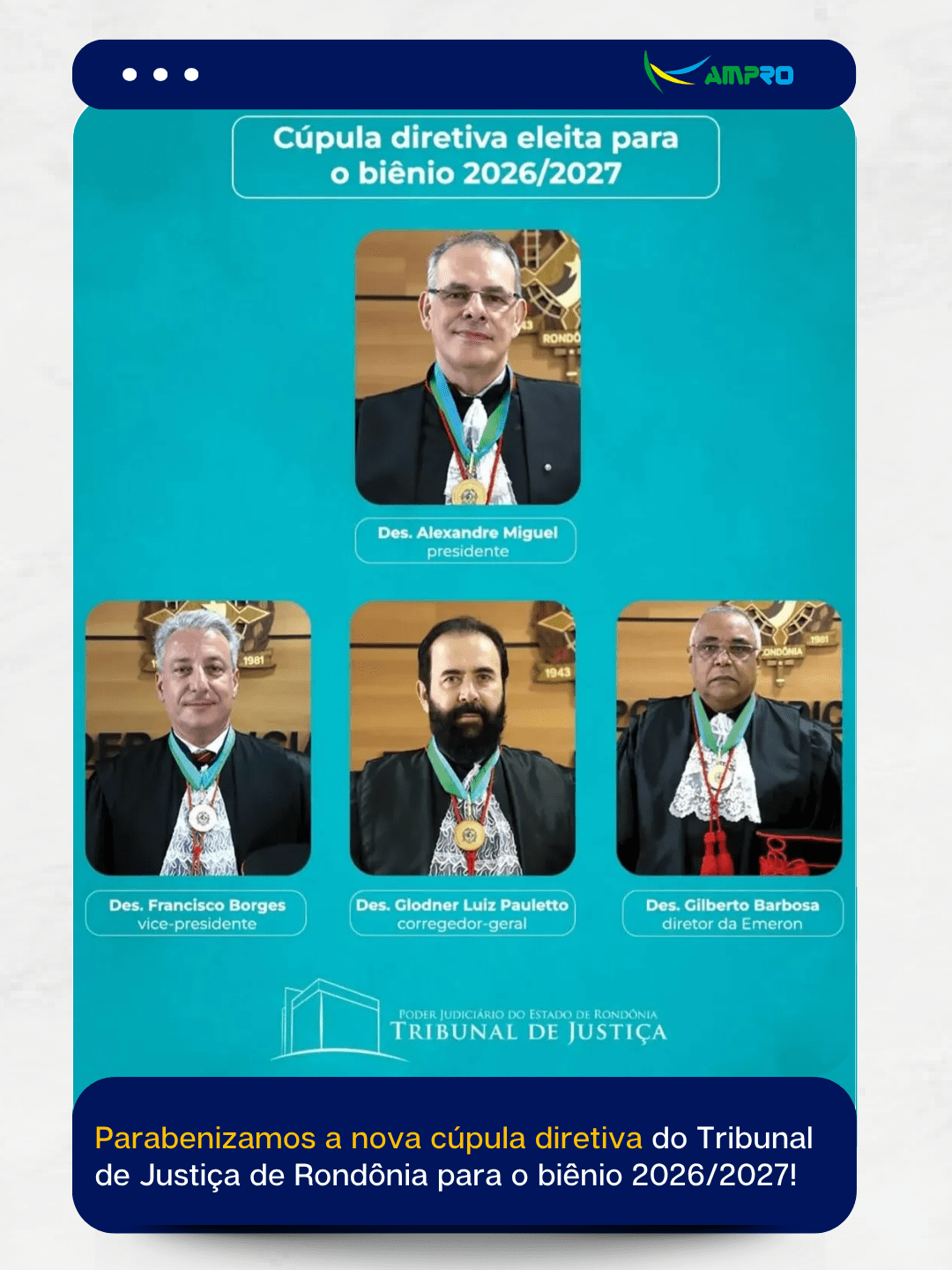 Parabenizamos a nova cúpula diretiva do Tribunal de Justiça de Rondônia para o biênio 2026/2027!