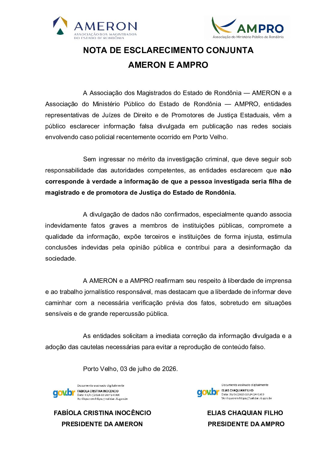 NOTA DE ESCLARECIMENTO CONJUNTA AMERON E AMPRO NOTA DE ESCLARECIMENTO CONJUNTA AMERON E AMPRO